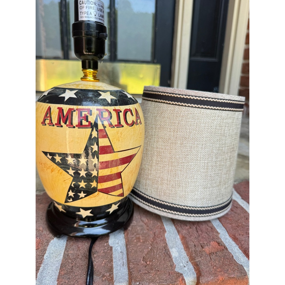 Patriotic Americana Star‎ Table Lamp Rustic Farmhouse Decor with Burlap Shade